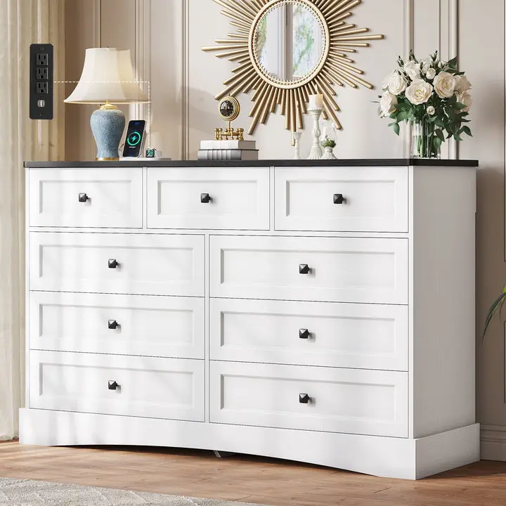 Sikaic 51.2 Inch Wide Dresser with 9 Drawers and Charging Station, Farmhouse Chest of Drawers with Built-in Power Outlets, Large Storage Cabinet for Bedroom and Living Room