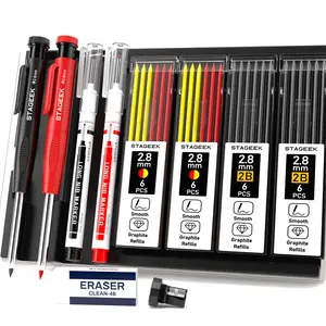 Fathets Day Gifts Him STAGEEK 2Pack Carpenter Pencils with 26 Refills, Heavy Duty Woodworking Tools,Mechanical Pencil Set with Built-in Sharpener, Deep Hole Long Nib Marker Pens,Woodworking Pencils for Architect - with Case, Black, Red