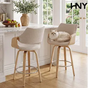 HNY Modern  26" Swivel Barstools Set of 2 - Mid-Century Green Linen & Wood Barrel Seats for Kitchen Island, Round Footrest