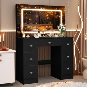 Bedroom 7 Drawers Dressing Table With Hollywood Mirror & Dimmable LED Light, Modern Black Vanity Desk Set Large Makeup Desk Easy Assembly Dresser Furniture