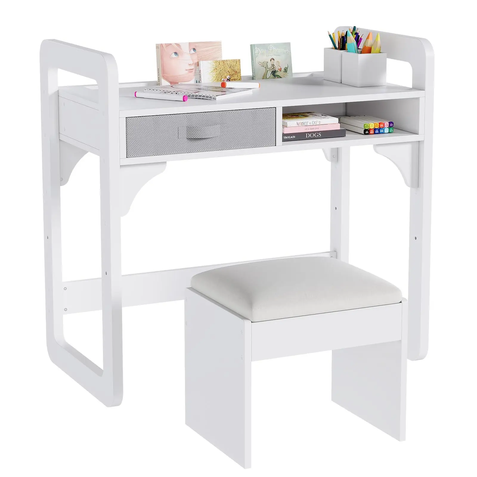 GAOMON Kids Desk and Chair Set, Study Desk for Boys and Girl, Wooden Kids Writing Table with Cloth Drawers and Pen Holder, White