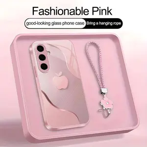 Luxury Faux Brushed Metal Texture Phone Case with Flower Lanyard | Glossy Glass Feel 2D Printed Cover | for [Galaxy S24] 952