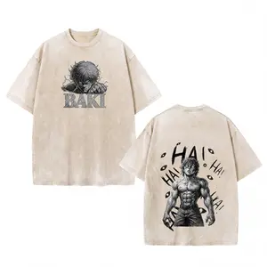 Trendy Anime Baki Graphic T-Shirt – Vintage Washed Distressed Short Sleeve Tee, Japanese Anime Merchandise Streetwear, 100% Cotton, Soft Breathable Fabric, Comfortable Relaxed Fit, Gym Aesthetic, Fighter Style, Perfect for Anime Fans & Everyday Wear