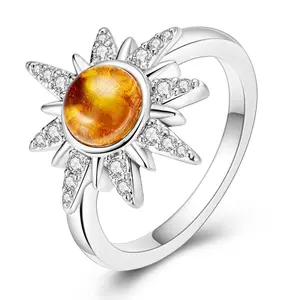 NARMO 925 Silver Gold-Plated Sun Ring for Women, Celestial Jewelry with Amber Glass & Cubic Zirconia, Adjustable Open Band for Comfortable Fit, Anniversary Gift