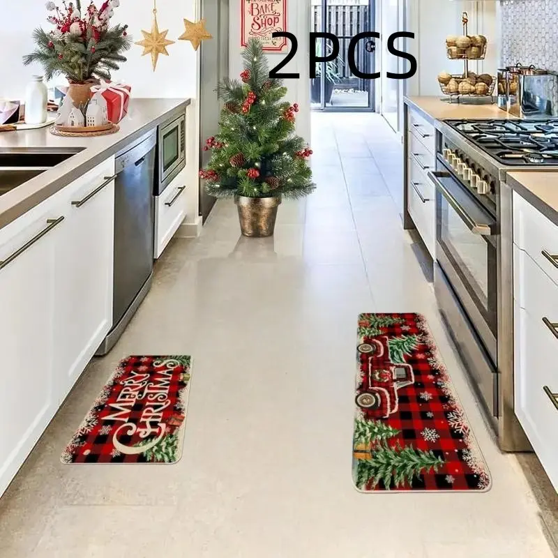 Christmas Kitchen Rug Set, Washable Polyester Holiday Mats with Truck and Buffalo Plaid Design, Home Decor Rugs, Home Decorative Rug, Home and Bathroom Indoor Decor