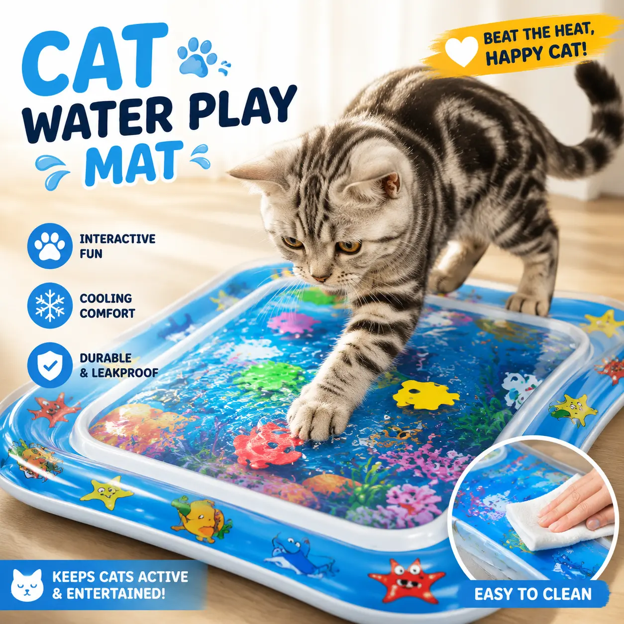 Cat Water Mat Interactive Toy for Indoor Cats, Summer Cooling Sensory Play Mat with Floating Toys, Durable Leakproof Pet Activity Pad for Boredom Relief