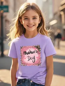 Girls' Summer Fashion Trendy Mother's Day Series Letter Leopard Print Breathable Short Sleeve T-Shirt, Casual Loose Fit, Medium to Large Kids