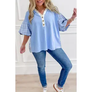 Beau Blue Color Block Plaid Bubble Sleeve Patchwork Blouse