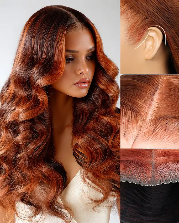 Megalook 13x6 Three-Go Auburn Highlights Brown Hair Glueless Wig Loose Body Wave With Drawstring