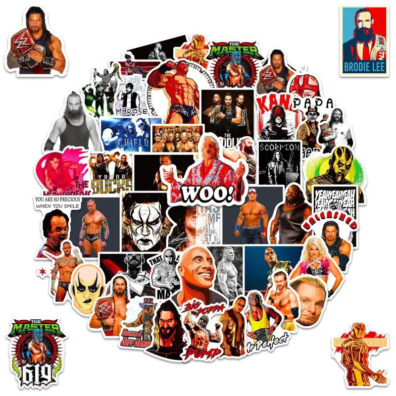 50 Wwe Wrestling Stickers, Professional Wrestling Show Sports Figure Stickers, Printed Stickers for Fans, Collectible Wwe Merchandise, Sticker Set