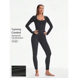 GLOWMODE 24" Softy Velvaire Tummy Control Thumbholes Scoop Neck Long-Sleeve Jumpsuit Bodysuit Low Impact Yoga Pilates Studio Daily Casual Wear Removable Cups