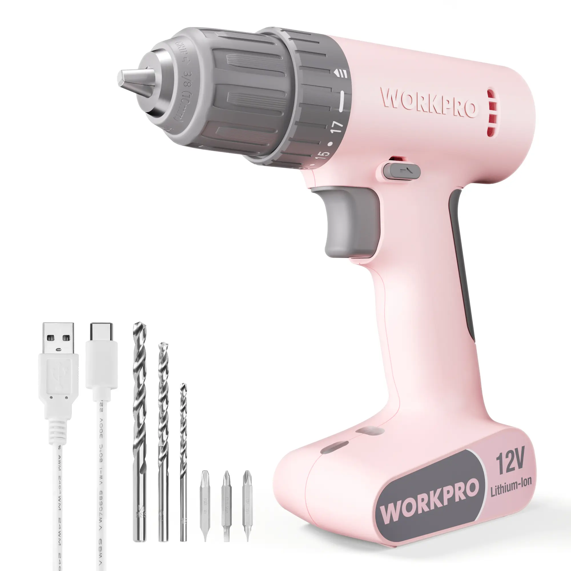 #fathersdaygift WORKPRO Cordless Drill Driver Set, 12V Electric Power Drill Tool Kit with 6 Counts Bits, 3/8-Inch Keyless Chuck, Variable Speed, 18 Touque Setting, Type-C Charge Cable, Led Light, Pink Ribbon