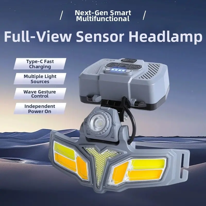 Solar-powered and Type-C charging LED headlamp, waterproof sensor headlamp, portable emergency light for outdoor camping, hiking, fishing, and running