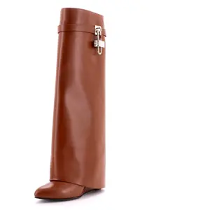 Pre-owned Givenchy Women's Shark Knee High Lock Boots Leather by Rebag