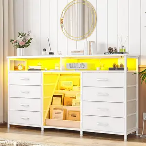 Raybee 55” TV Stand Dresser with Bookrack & 8 Fabric Drawers, Modern Chest of Drawers with Power Outlet & LED Lights for 65 Inch TV, Ideal for Bedroom, Closet, Entryway