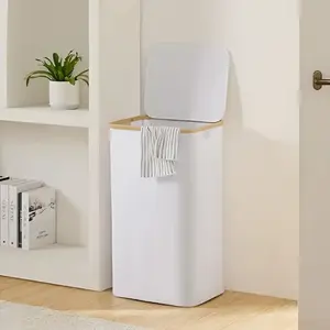 Premium Large Laundry Hamper, Bamboo Trim Flip-Top Lid, Odor-Blocking Fabric, Space-Saving Storage Organizer for Bedroom, Bathroom, Laundry Room