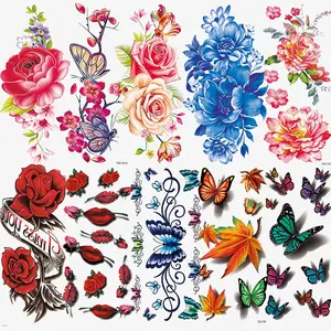 10 Floral Temporary Tattoo Stickers, Rose Butterfly Lip Maple Leaf Multicolor Mix Design, Body Art Tattoos for Women