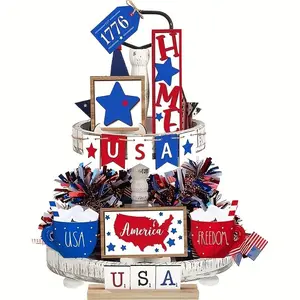 Wooden American Flag Themed Tiered Tray Decoration, 12pcs/set Independence Day Desktop Ornament, Multipurpose 2D Craft for Home Decor