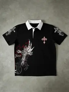 Trendy Fierce Cross, White Contrast Collar Gothic Polo Shirt - Oversized Fit, Featuring Baroque Cross Print, Red Accents, 'Fierce' Script, Ornate Shoulder Emblems, Graphic, Ideal For Daily Street Style, Casual Outings & Alterna
