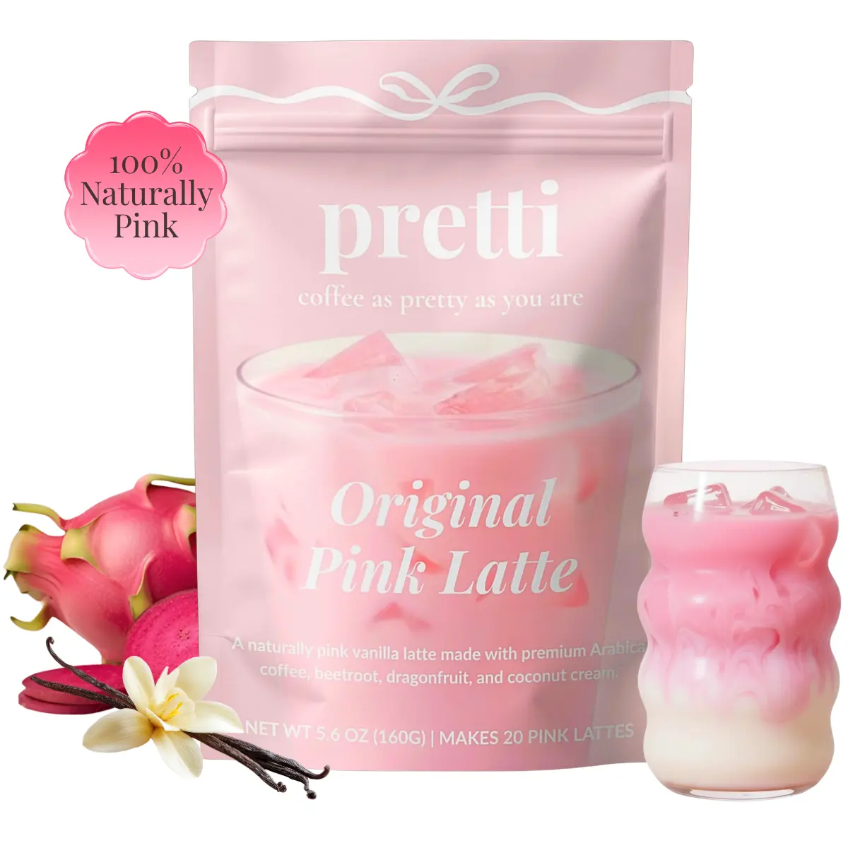 ORIGINAL PINK LATTE - Creamy Vanilla Instant Latte with Premium Arabica Coffee, Beetroot, Dragonfruit, Monk Fruit, 0 Artificial Dyes, 50mg Caffeine, 20 Servings, Coffee Alternative, Dairy-Free Low-Calorie Beverage
