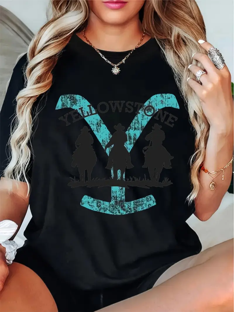 Yellowstone Graphic Tee for Women 180g Black Cotton Crewneck Shortsleeve T-Shirt Western Cowboy Silhouette Design Casual Lightweight Summer Womenswear Fitted Tops Tshirt Streetwear