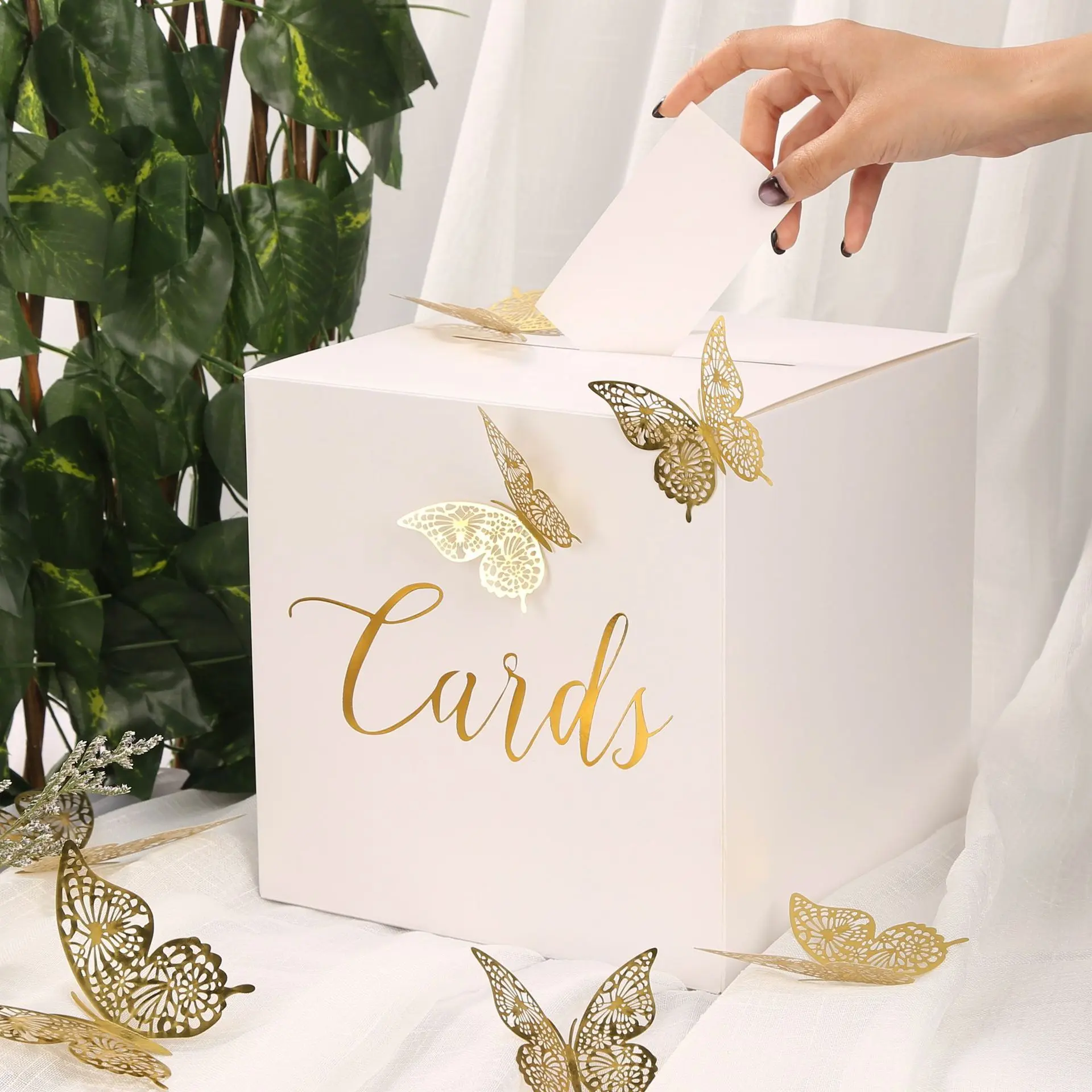 Elegant Wedding Card Box - Beige Gift Card Holder w/ Gold Foil that Matches Perfectly with Your Party Reception & Decorations - Sturdy & Easy to Assemble for Bridal Shower, Anniversary & Graduations
