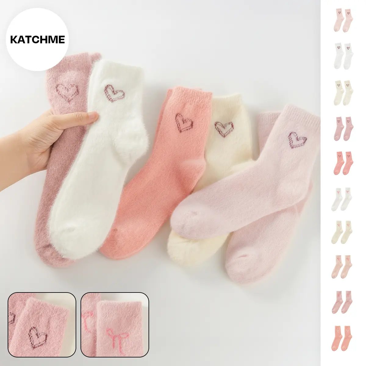 KatchMe Women's Lovely Heart-Shaped Smooth Fluffy Thermal Mid-Calf Socks, Cozy Multi-Pack Basic Socks for Fall & Winter, Vibrant 5-Pack Fuzzy Womenswear