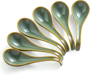 Soup Spoons Set of 6,  Soup Spoons 6.5 Inch Ramen Spoons, Ceramic Chinese Spoon Set for Soup, Cereal, Pho, Noodles, Dumpling, Miso, Wonton, Dishwasher Safe, Blue-Green