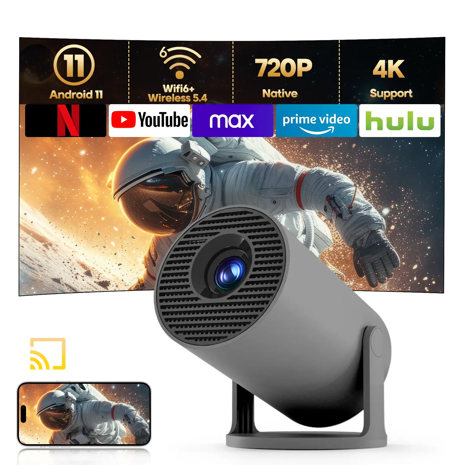 HY300Pro Projector 290ANSI Lumens 8K/4K/1080P Decode Auto Keystone Correction 2.5&5.8G Dual WiFi6 Smart Android 14 BT5.4 Native 1280*720P Built-in Speaker Home Cinema Movie #SummerWins #DealsForYouDays