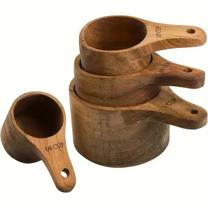 Set of Four Wooden Measuring Cups And Spoons Featuring Handles, Designed for Easy Stacking Handmade Collection