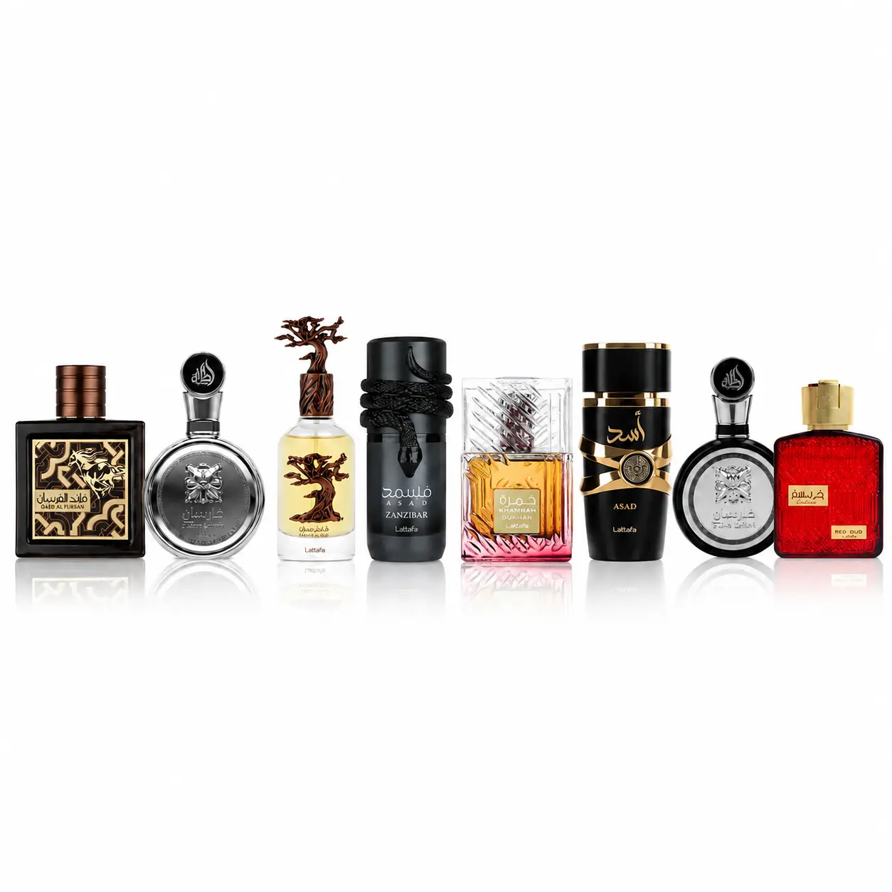 Eternal Oud + Qaed Al Fursan untamed + Fakhar Lattafa Platin + Musamam Black Intense + Khamrah Dukhan+ Fakhar Lattafa Man + Asad + Ramz Lattafa Gold