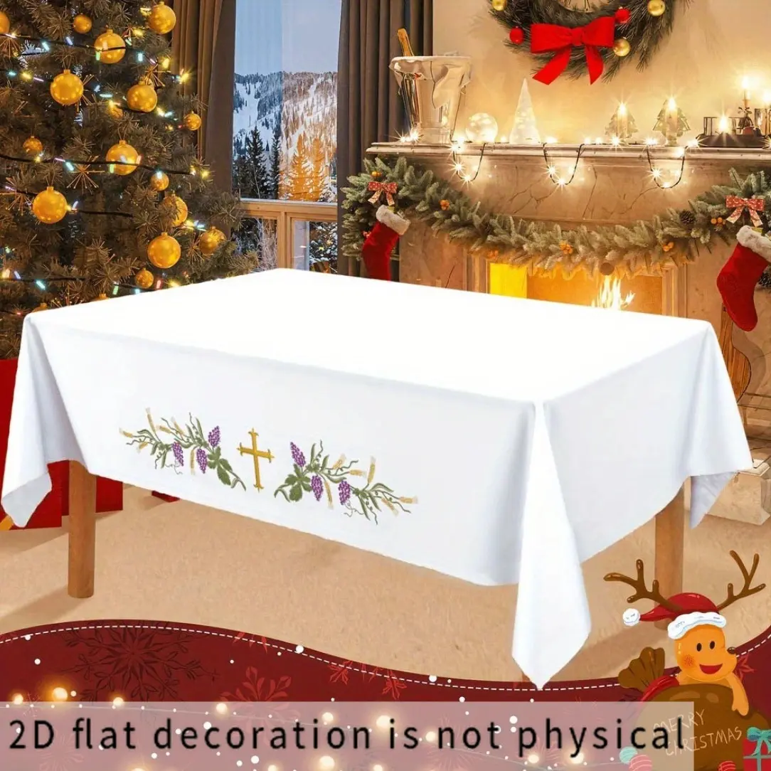 [2D Flat] 1pc White Rectangular Tablecloth - Gold Cross and Vine Pattern, Suitable for Baptism/religious Wedding/Easter, Multifunctional Decoration Christmas/Halloween, Holiday Decor, Party Decoration, Church Ceremony/dining Table Cloth, Home Ornaments