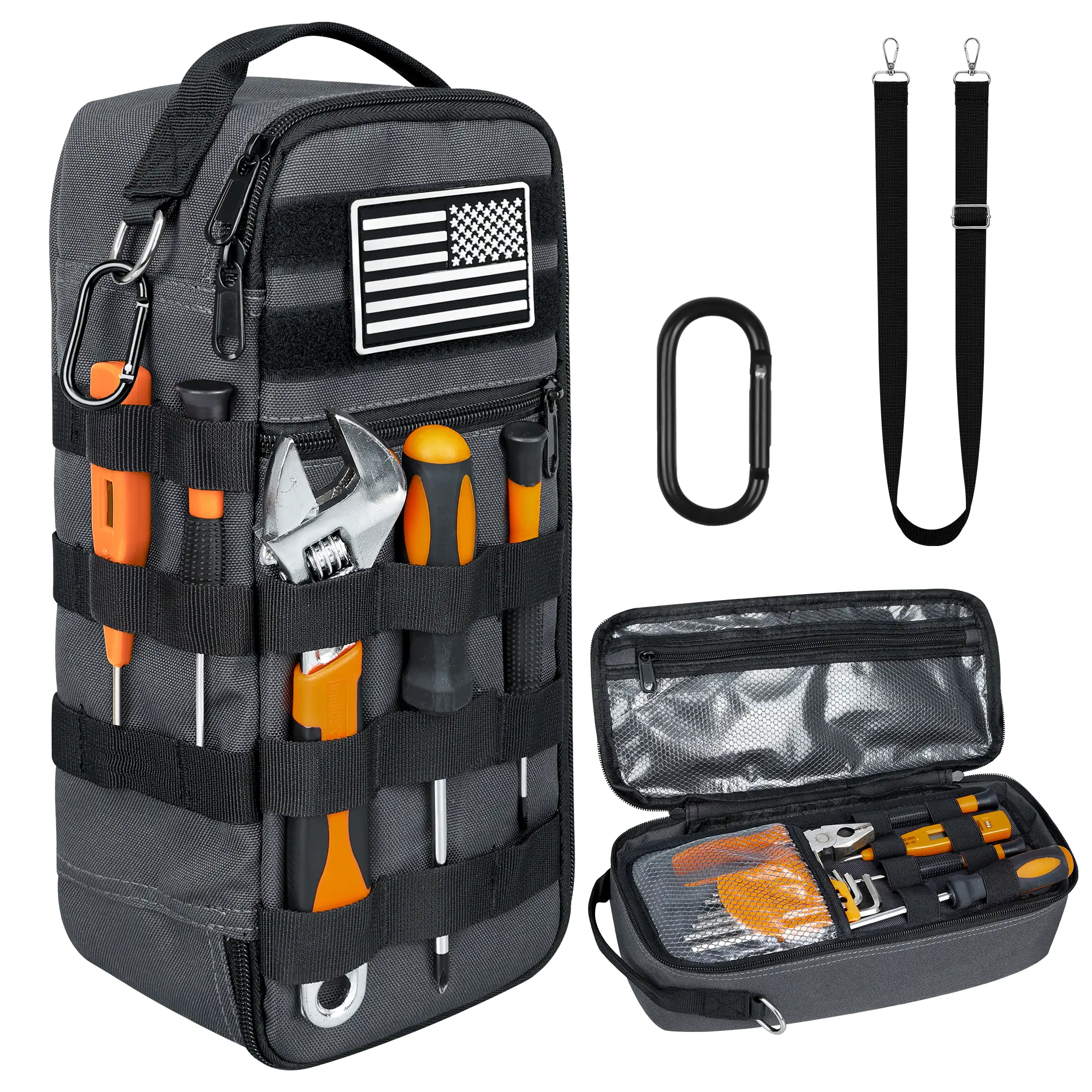 Portable Small Tool Bag, Heavy Duty Tool Pouch Bag with Shoulder Strap and D-ring Clip, Durable Waterproof Multiple Pockets Tool Hand Bag for Electricians, Carpenters, HVAC Technicians (Tools not included)