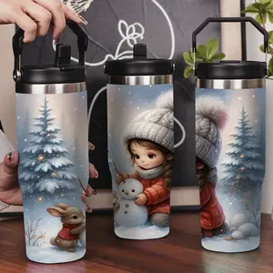 30oz Stainless Steel Insulated Tumbler with Leak-Proof Lid & Portable Handle - Girl and Bunny Christmas pattern,Long-Lasting Hot/Cold Insulation,Perfect for Car,Office,Travel and Christmas Gifts
