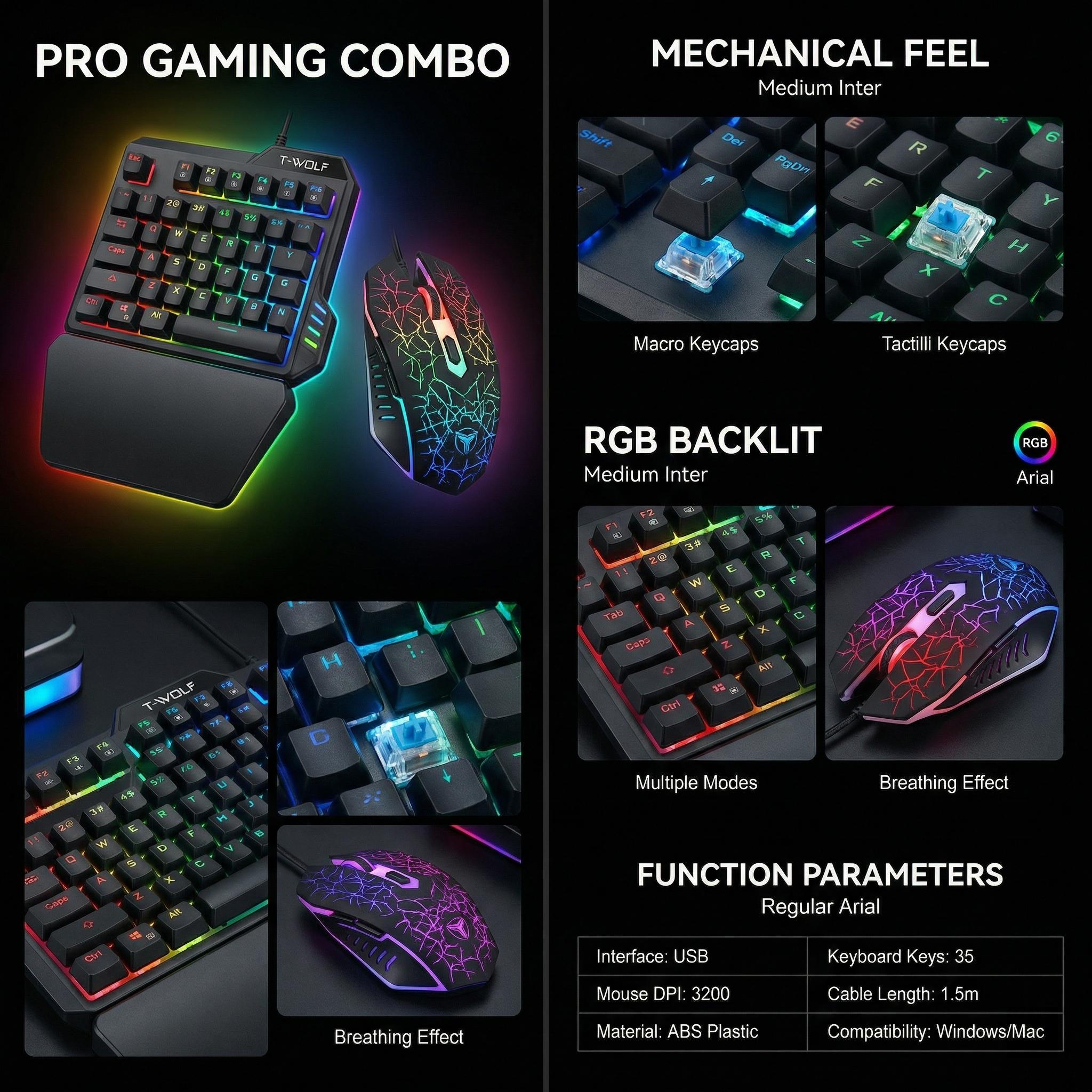 Single-Handed Gaming Keyboard and Mouse Set - 40 Keys Mechanical Feel Mini Keypad with Rainbow Backlight & Ergonomic Wrist Rest - 6 Keys Gamer Mouse 3200DPI for PC, Laptop, FPS Games