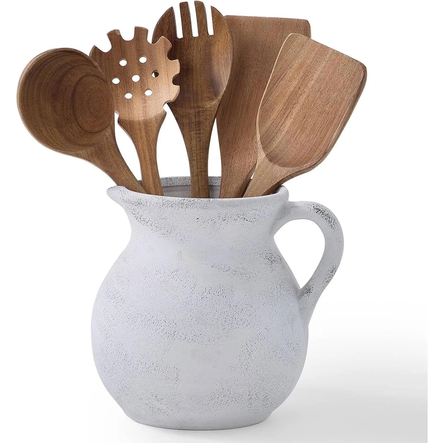 Rustic Kitchen Utensil Holder - 7.6 Inch Ceramic Utensil Crock for Countertop, Vintage Kitchen Counter Decor