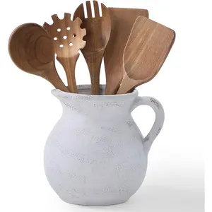 Rustic Kitchen Utensil Holder - 7.6 Inch Ceramic Utensil Crock for Countertop, Vintage Kitchen Counter Decor
