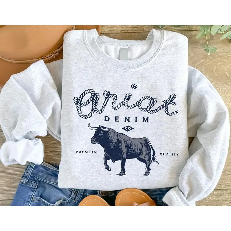 Vintage Ariat Denim Bull Sweatshirt - Western Rodeo Cowboy Sweater, Trendy Country Hoodie