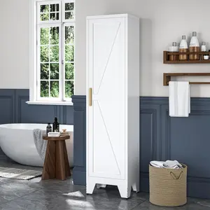 Tall Bathroom Cabinet,Narrow Metal Storage Cabinet with 5 Adjustable Shelves and Single Barn Door,Slim Pantry Storage Organizer for Bathroom,Kitchen