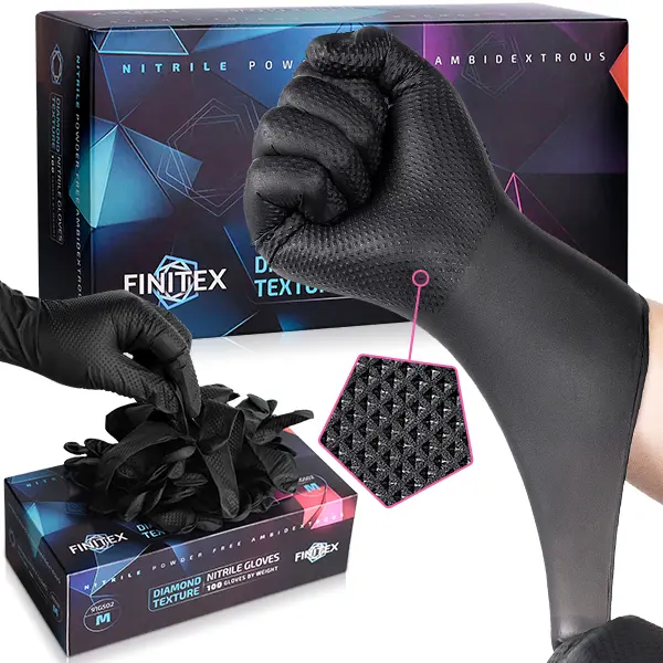 6Mil Diamond Textured Black Synthetic Nitrile Gloves - Ambidextrous, Powder-Free, Heavy-Duty Industrial Strength, Non-Slip Superior Grip Disposable Gloves for Mechanics, Farming, Motor Vehicle Repair, Construction Workers