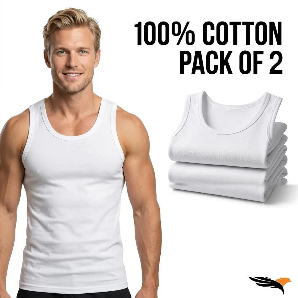 Men's Tank Tops Pack of 2, 100% Cotton Undershirts, Slim Fit Breathable Sleeveless Undergarments, White Cotton Tank Top for Men Everyday Wear