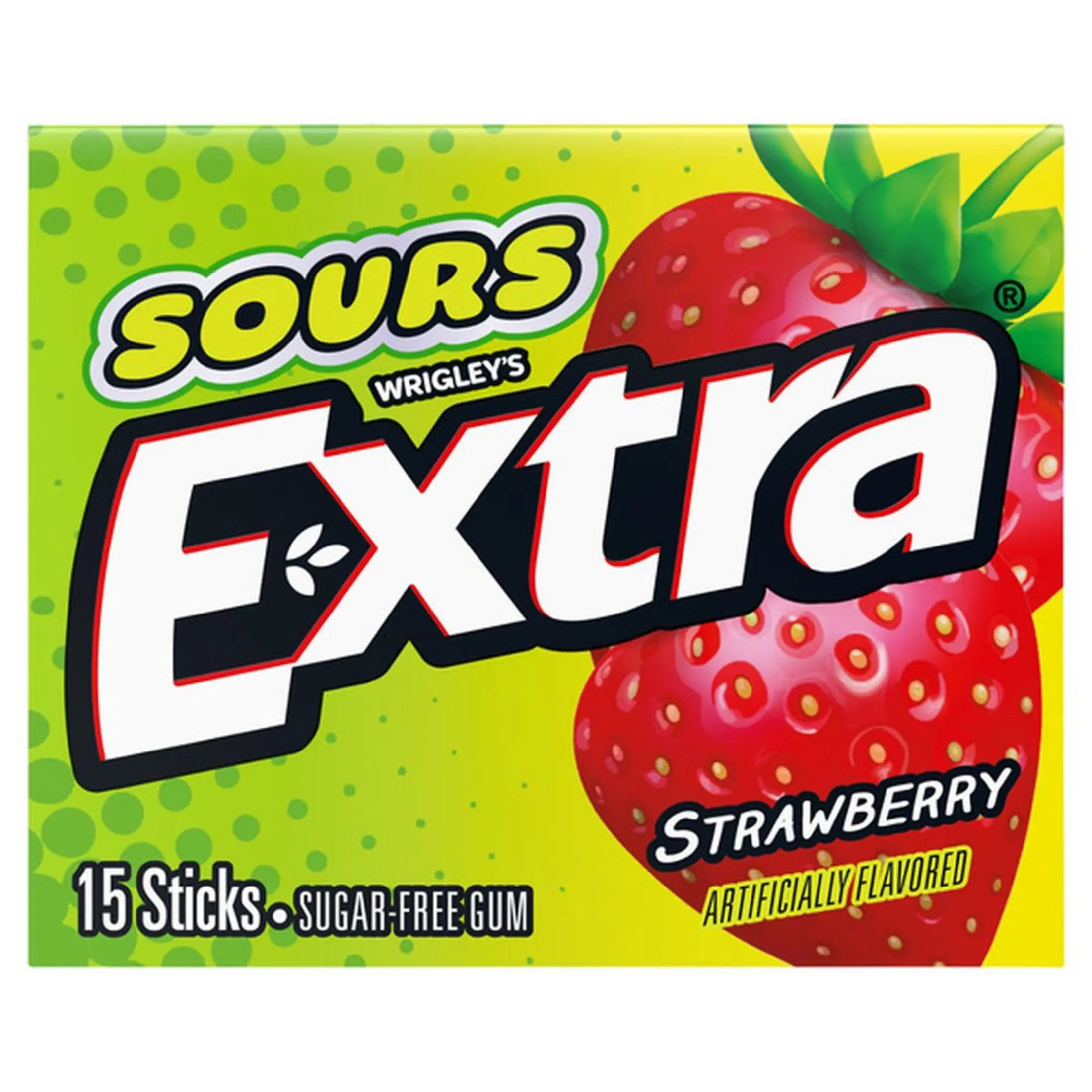 2x Wrigley's Extra Sour Strawberry Sugar-Free Fat-Free Fruity Chewing Gum - Pocket Pack 15 Pieces Sweet Tangy Snack Candy, On-The-Go Enjoyment, Sodium Free
