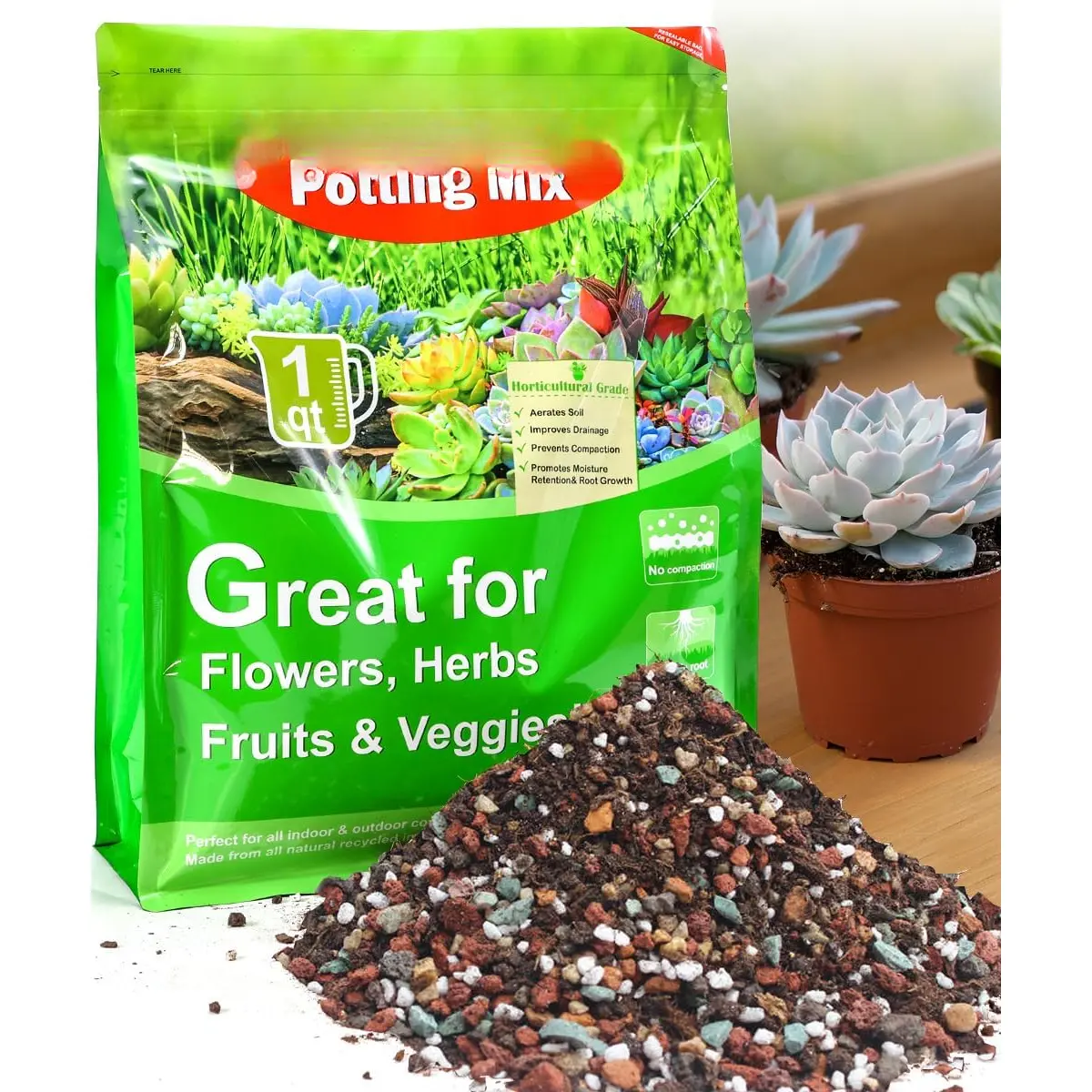 Succulent Soil, Cactus Potting Mix 2 Pounds/1 Quart, High Drainage, Pre-Mixed Ready to Use for All Succulent Varieties, Indoor , Bonsai, Terrarium, Houseplant, 70% Particles 30% Soil