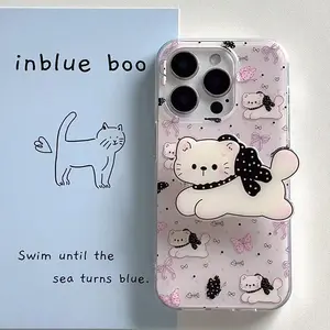 Crystal transparent white light wave point bow cat phone case with cat holder for iPhone 11 12 13 14 15 16 promax Accessories