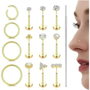 14K gold-plated stuffed nose ring 316L surgical steel CZ threadless nose piercing jewelry for women and men, suitable for nostrils tragus spiral perforation