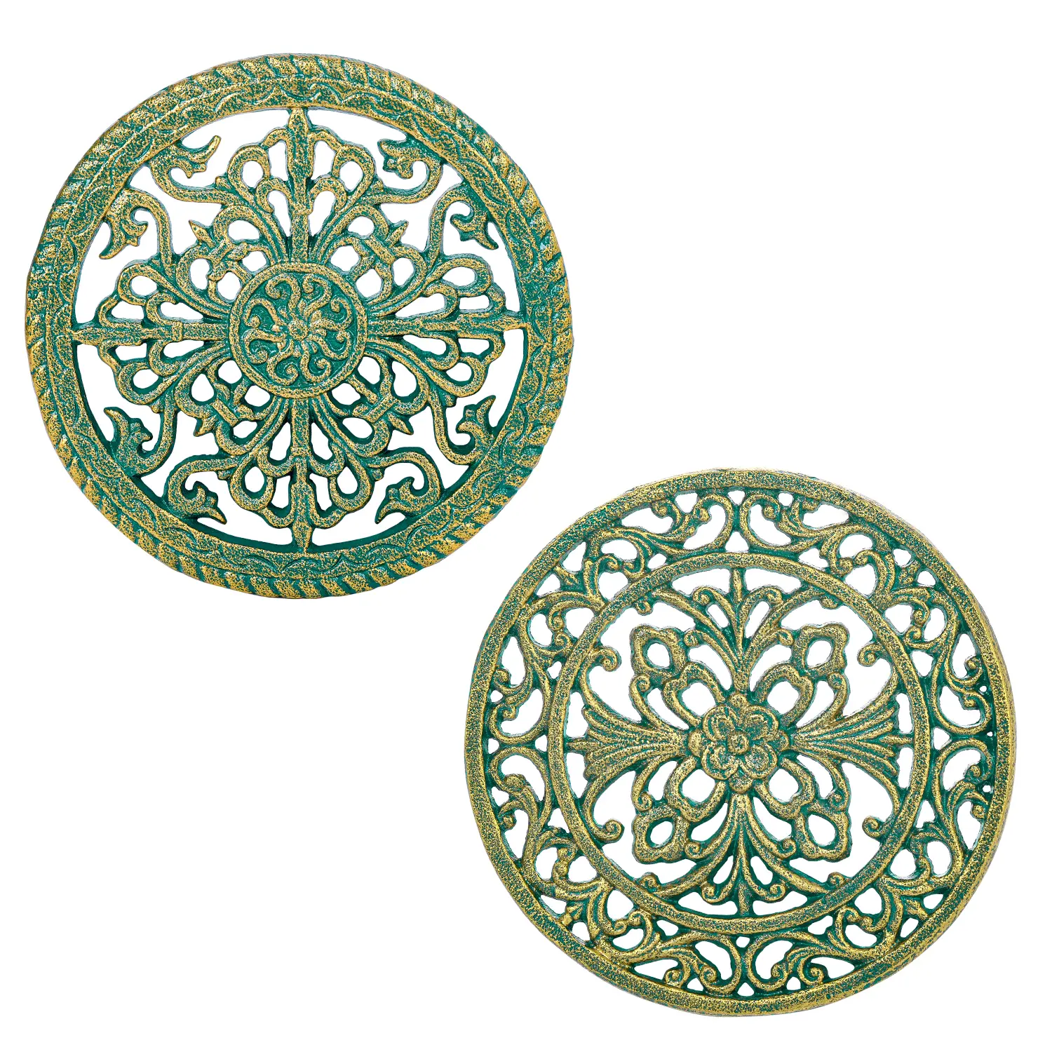 Sungmor 2-Pack Solid Cast Iron Decorative Trivets, Round Rustic Scrollwork Heat-Resistant Pot Plate Holders - Kitchen Dining Table & Counter Protectors (Heat Placemats & Coasters)