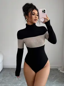 Women's High Neck Patchwork Long Sleeve Bodysuit, Slim Fit Casual Wear for Fall & Winter, Plain Pattern, Moderate Fabric Thickness