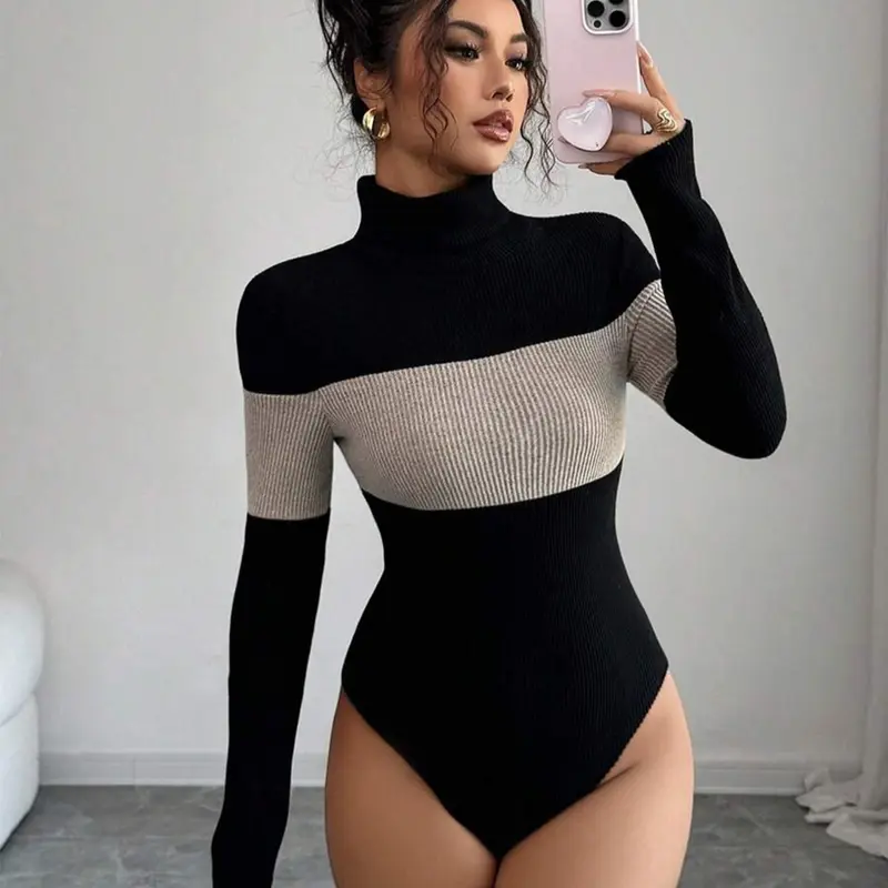 【Black Friday】Women's High Neck Patchwork Long Sleeve Stretchy Fitted Casual Bodysuit, Basic Casual Wear for Fall & Winter, Solid Color, Moderate Fabric Thickness