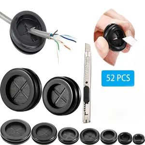 52 Pcs Round Rubber Plug Hole Grommet Kit with 1 Knife,7 Sizes Black Double Sided Electrical Firewall Gasket Set for Protecting Cable Wire Hole Plug Assortment Automotive Supply,Hand Tools Kits