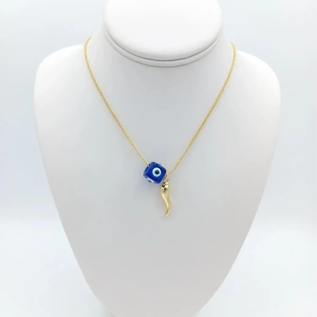 Necklace with dice with eyes and Italian lucky horn. 18" long chain plus 20" extension, 14k gold plated, high quality.